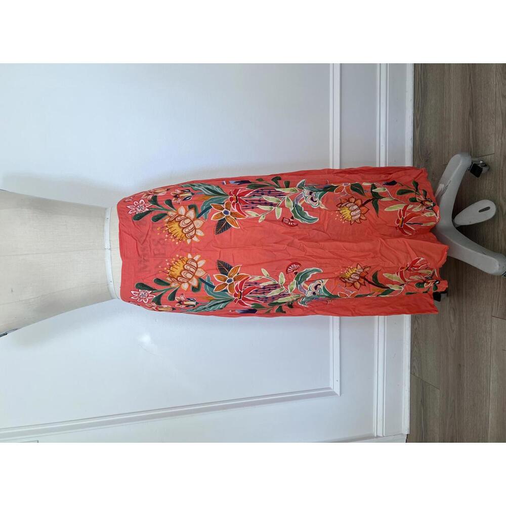 Farm Rio - Coral Floral Midi Skirt with Vibrant Print, Size M - Picture 4 of 10